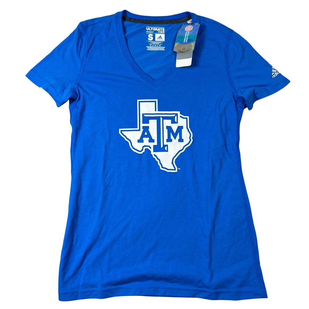 Adidas Texas AM Aggies Womens Small Blue Ultimate Tee Climalite V-Neck NWT